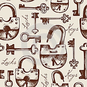 Vintage seamless pattern of hand drawn locks and keys