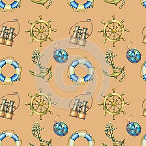 Vintage seamless pattern with nautical elements, isolated on brown background. Old binocular, lifebuoy, antique sailboat steering