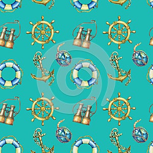 Vintage seamless pattern with nautical elements, isolated on turquoise background. Old binocular, lifebuoy, antique sailboat steer