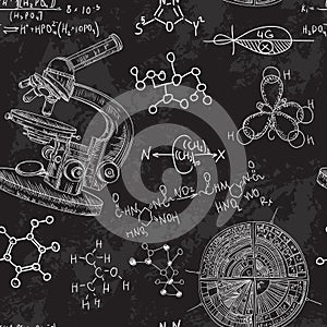 Vintage seamless pattern old chemistry laboratory with microscope and formulas.