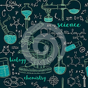 Vintage seamless pattern old chemistry laboratory with microscope, tubes and formulas.