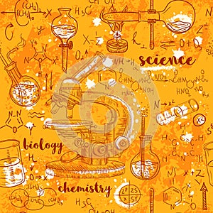 Vintage seamless pattern old chemistry laboratory with microscope, tubes and formulas on aged paper background.