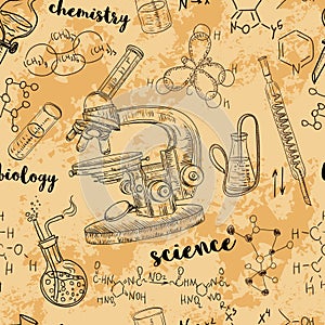 Vintage seamless pattern old chemistry laboratory with microscope, tubes and formulas.