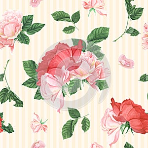 Vintage seamless pattern with pink roses and leaves