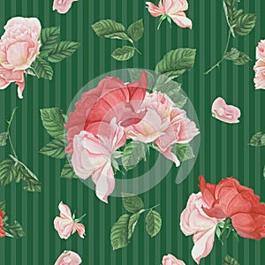 Vintage seamless pattern with pink roses and leaves
