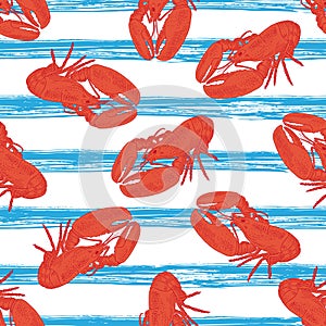 Vintage seamless pattern with red lobster and blue stripes.