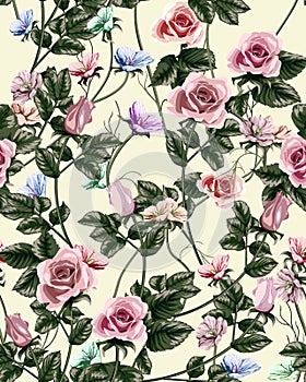 Vintage seamless pattern with roses . Vector illustration.