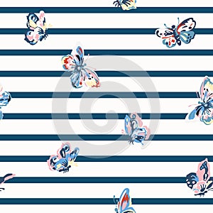 Vintage seamless pattern with stripes and butterflies