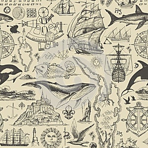 Vintage seamless pattern on the travel theme