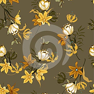 Vintage Seamless pattern vector with tulips flowers. Hand drawing illustration with wild floral for fashion ,fabric, and all