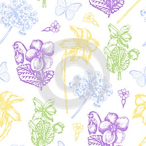 Vintage seamless pattern with violets and daffodil