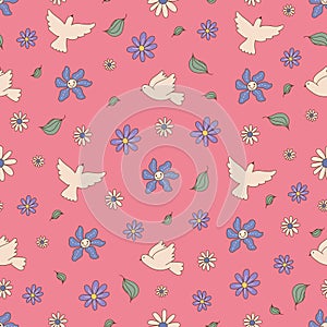 Vintage seamless pattern with white blue flowers, pigeon birds retro groovy background