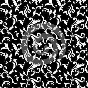 Vintage seamless pattern. White luxurious vegetative tracery of stems and leaves isolated on a black background.