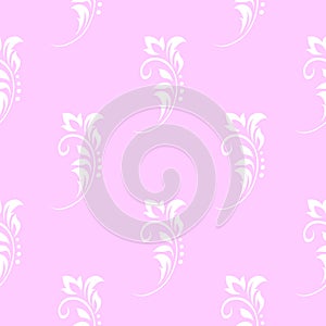 Vintage seamless plant delicate pattern of stylized stems, leaves, flowers and curls on pink background. Retro style