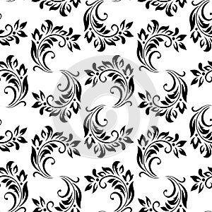 Vintage seamless plant pattern of black stylized leaves, flowers and curls. Retro style. Vector backdrop, texture