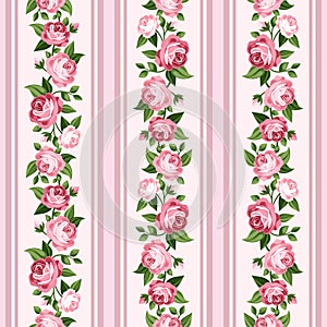 Vintage seamless stripped pattern with pink roses.