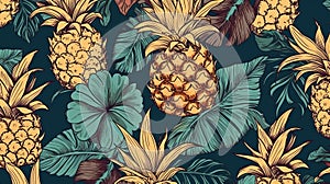 vintage seamless tropical flowers with pineapple pattern background