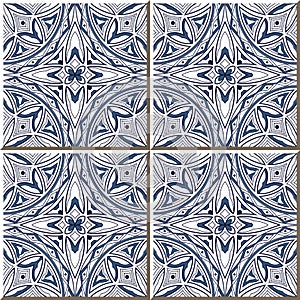 Vintage seamless wall tiles of aboriginal blue round curve outline, Moroccan, Portuguese.