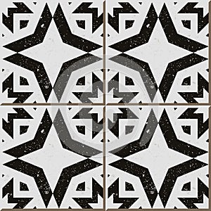 Vintage seamless wall tiles of worn out black white polygon, Moroccan, Portuguese.