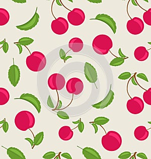 Vintage Seamless Wallpaper of Cherries with Green Leaves