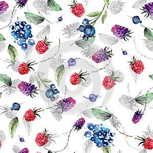 Vintage seamless watercolor pattern. Berry set - raspberries, blackberries, Strawberry, wild strawberries,blueberry, currant. Hand