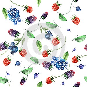 Vintage seamless watercolor pattern. Berry set - raspberries, blackberries, Strawberry, wild strawberries,blueberry, currant. Hand