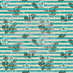 Vintage seamless watercolor teal turquoise background with roses on stripes pattern