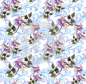 Vintage seamless winter watercolor floral pattern. Water colour retro design with rose flowers, scrolls, curves