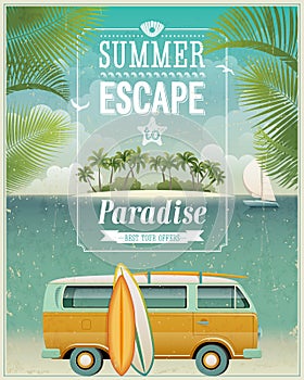 Vintage seaside view poster with surfing van. Vect