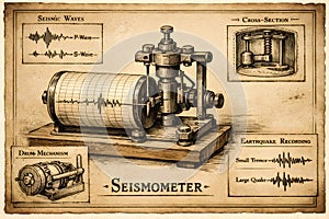 Vintage Seismometer Technical Illustration Explaining Earthquake Recording
