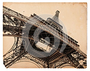 Vintage sepia postcard of Eiffel tower in Paris