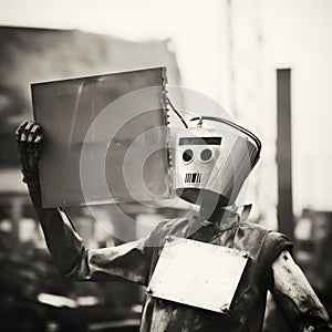 Vintage Sepia-toned Welding Robot Holding Blank Sign