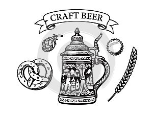 Vintage set of beer objects in engraving style. Stein beer mug, pretzel, hop cone, bottle cap, barley. Vector illustration
