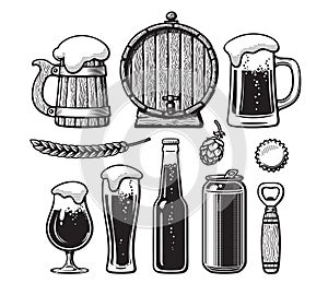Vintage set of beer objects. Old wooden mug, barrel, glasses, hop, bottle, can, opener, cap. Hand drawn engraving style