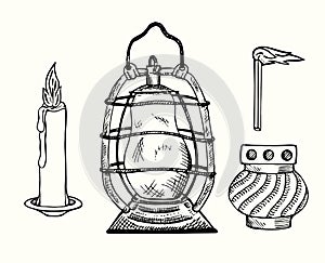 Vintage set: candle, kerosine vintage lamp, burning match, sanctuary lamp chancel or altar lamp, everlasting light hand drawn photo
