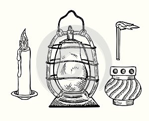 Vintage set: candle, kerosine vintage lamp, burning match, sanctuary lamp chancel or altar lamp, everlasting light hand drawn