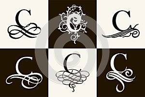 Vintage Set . Capital Letter C for Monograms and Logos. Beautiful Filigree Font. Victorian Style.