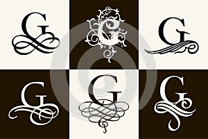 Vintage Set . Capital Letter G for Monograms and Logos. Beautiful Filigree Font. Victorian Style.