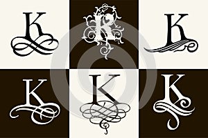 Vintage Set . Capital Letter K for Monograms and Logos. Beautiful Filigree Font. Victorian Style.