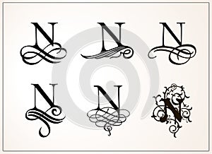 Vintage Set . Capital Letter N for Monograms and Logos. Beautiful Filigree Font. Victorian Style.