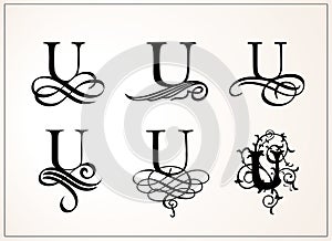 Vintage Set . Capital Letter U for Monograms and Logos. Beautiful Filigree Font. Victorian Style.