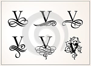 Vintage Set . Capital Letter V for Monograms and Logos. Beautiful Filigree Font. Victorian Style.