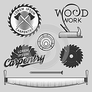 Vintage set of carpentry logos, labels and design elements. Stock .