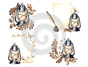 Vintage set of compositions with lantern, parchment paper sheets, inkwell with feather pen, butterflies, moths and oak