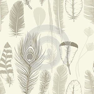 Vintage set feathers. Seamless pattern. Hand drawing. Vector ill