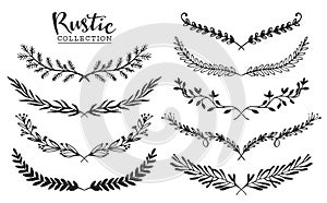 Vintage set of hand drawn rustic laurels. Floral vector graphic.