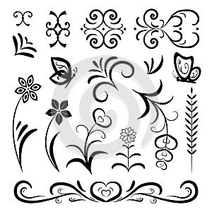 Vintage set of linear black elements on a white background. Flowers, leaves, curls, hearts for decorating romantic cards,