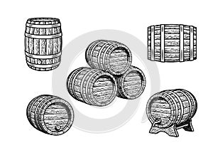 Vintage set of old wooden barrels for beer, wine, whisky, rum in different positions. Three stacked casks, barrel with tap on the