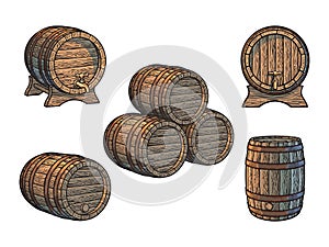 Vintage set of old wooden barrels for beer, wine, whisky, rum in different positions. Vector illustration