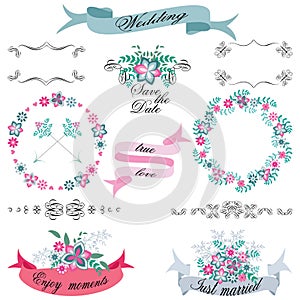 Vintage set of retro flowers wedding arrows, floral bouquets, wreaths, ribbons and labels on white background